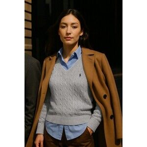 Nwt Polo Ralph Lauren Sweater Cotton Cable Knit  V Neck Jumper Light Gray Sz XS